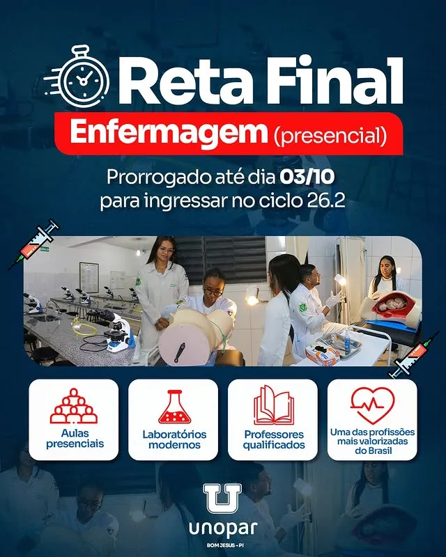Unopar Bom Jesus prorroga prazo e anuncia última chance para ingresso em Enfermagem presencial em 2026