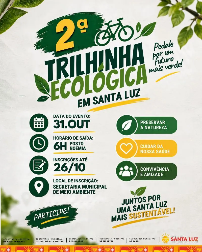 Santa Luz realiza 2ª Trilhinha Ecológica no dia 31 de outubro; inscrições abertas