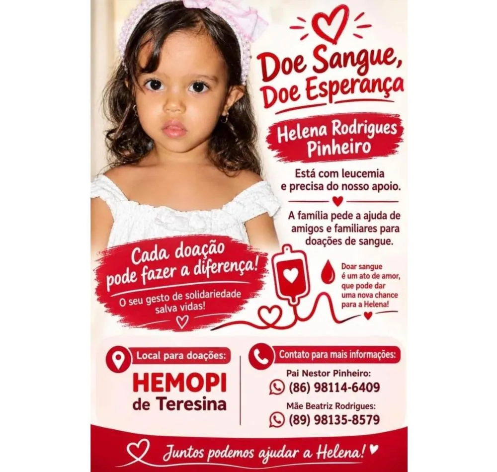 Família pede doações de sangue para menina de 3 anos diagnosticada com leucemia
